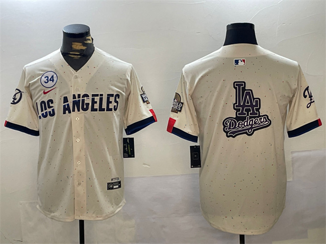 Men's Los Angeles Dodgers Team Big Logo Cream 2024 World Series With No. 34 Patch Limited Stitched Baseball Jersey Men's Los Angeles Dodgers Team Big Logo Cream 2024 World Series With No. 34 Patch Limited Stitched Baseball Jersey